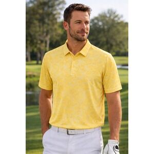 Adidas Mens Size S Yellow Golf Polo Shirt Floral Print Performance Stretch Tee
